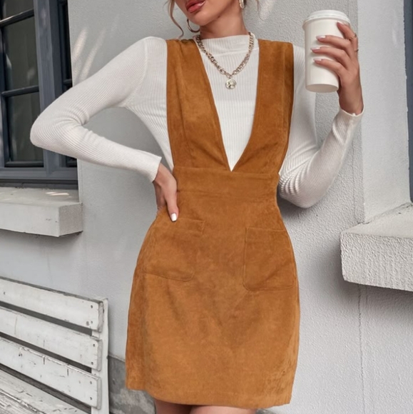 4/$20 Stretch Corduroy Overall Jumper Pinafore Mini Dress Brown Academia Retro - Picture 1 of 6